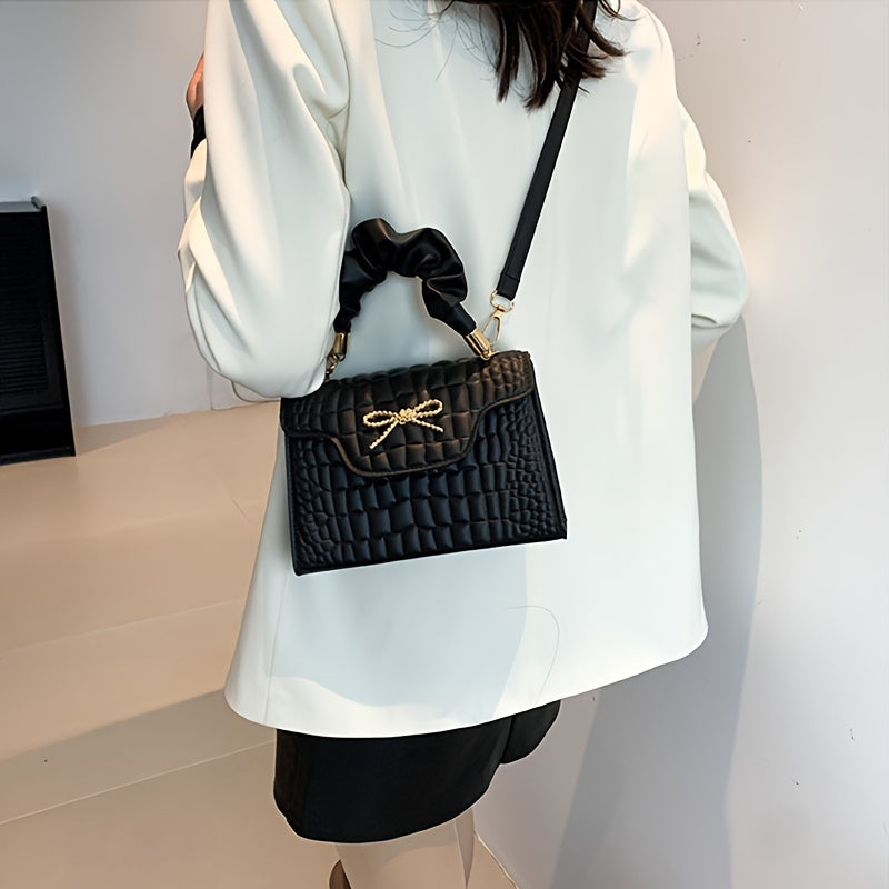 Vibrant Retro Crocodile Pattern Chic Shoulder Bag - Compact, Versatile, Fashionable, Everyday Wear with Bowknot Detail, Casual Street Style, and Chic Design - Perfect for Women's Daily Use